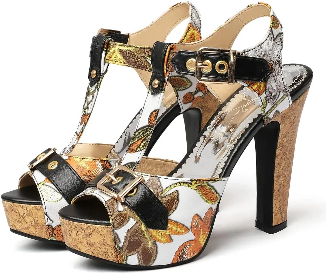 VOKLIN Women's Florals Platform Chunky Block Heel Sandals T-Strap Peep Toe Buckle Cork High Heeled Sandal