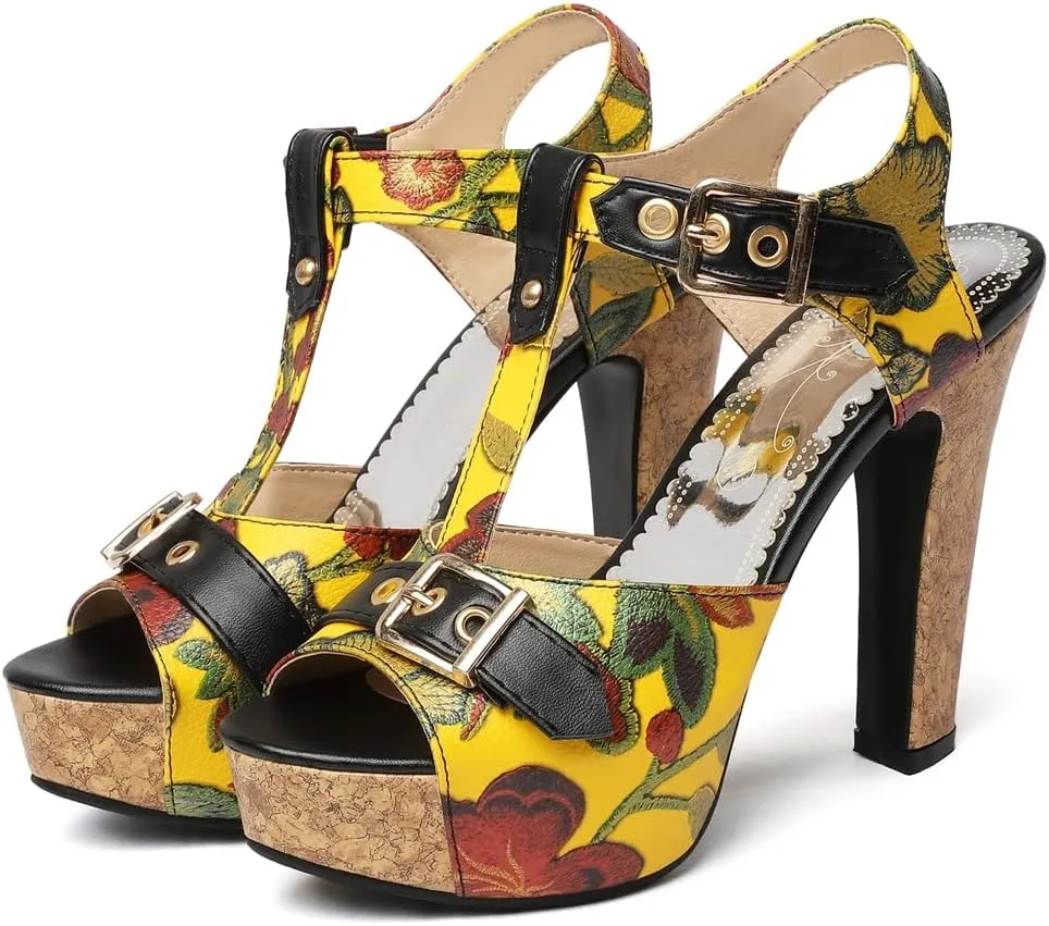 VOKLIN Women's Florals Platform Chunky Block Heel Sandals T-Strap Peep Toe Buckle Cork High Heeled Sandal