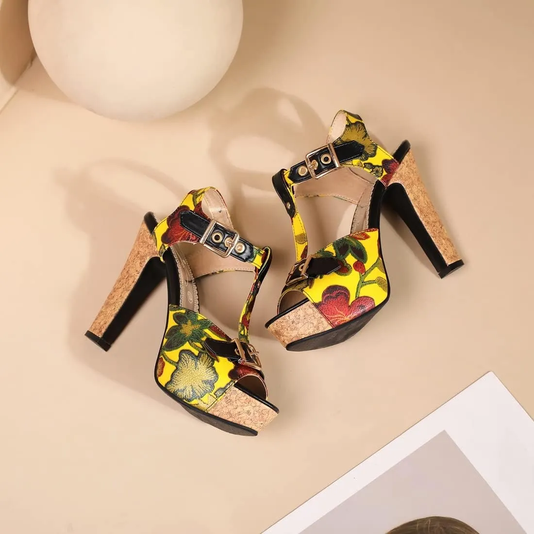 VOKLIN Women's Florals Platform Chunky Block Heel Sandals T-Strap Peep Toe Buckle Cork High Heeled Sandal
