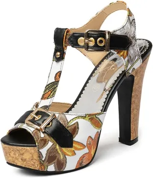 VOKLIN Women's Florals Platform Chunky Block Heel Sandals T-Strap Peep Toe Buckle Cork High Heeled Sandal