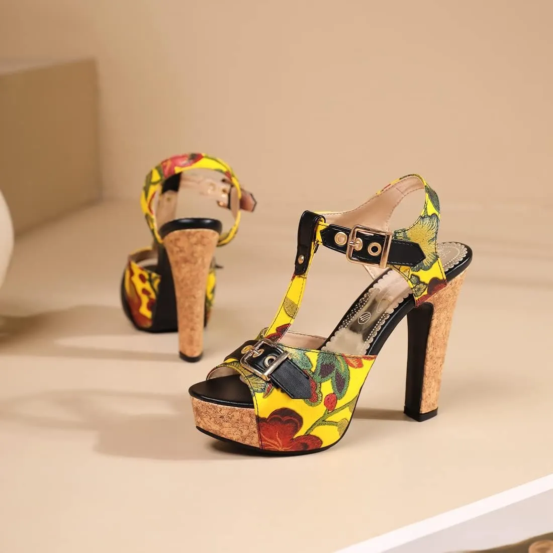 VOKLIN Women's Florals Platform Chunky Block Heel Sandals T-Strap Peep Toe Buckle Cork High Heeled Sandal