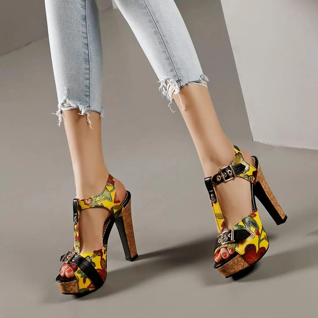 VOKLIN Women's Florals Platform Chunky Block Heel Sandals T-Strap Peep Toe Buckle Cork High Heeled Sandal