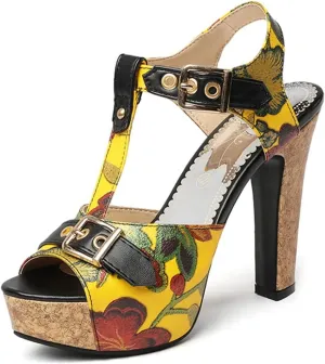VOKLIN Women's Florals Platform Chunky Block Heel Sandals T-Strap Peep Toe Buckle Cork High Heeled Sandal