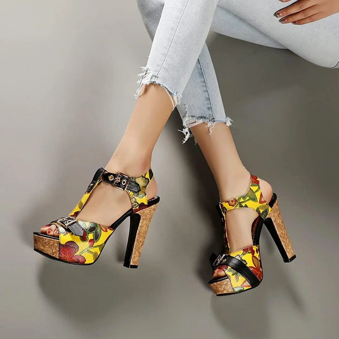 VOKLIN Women's Florals Platform Chunky Block Heel Sandals T-Strap Peep Toe Buckle Cork High Heeled Sandal