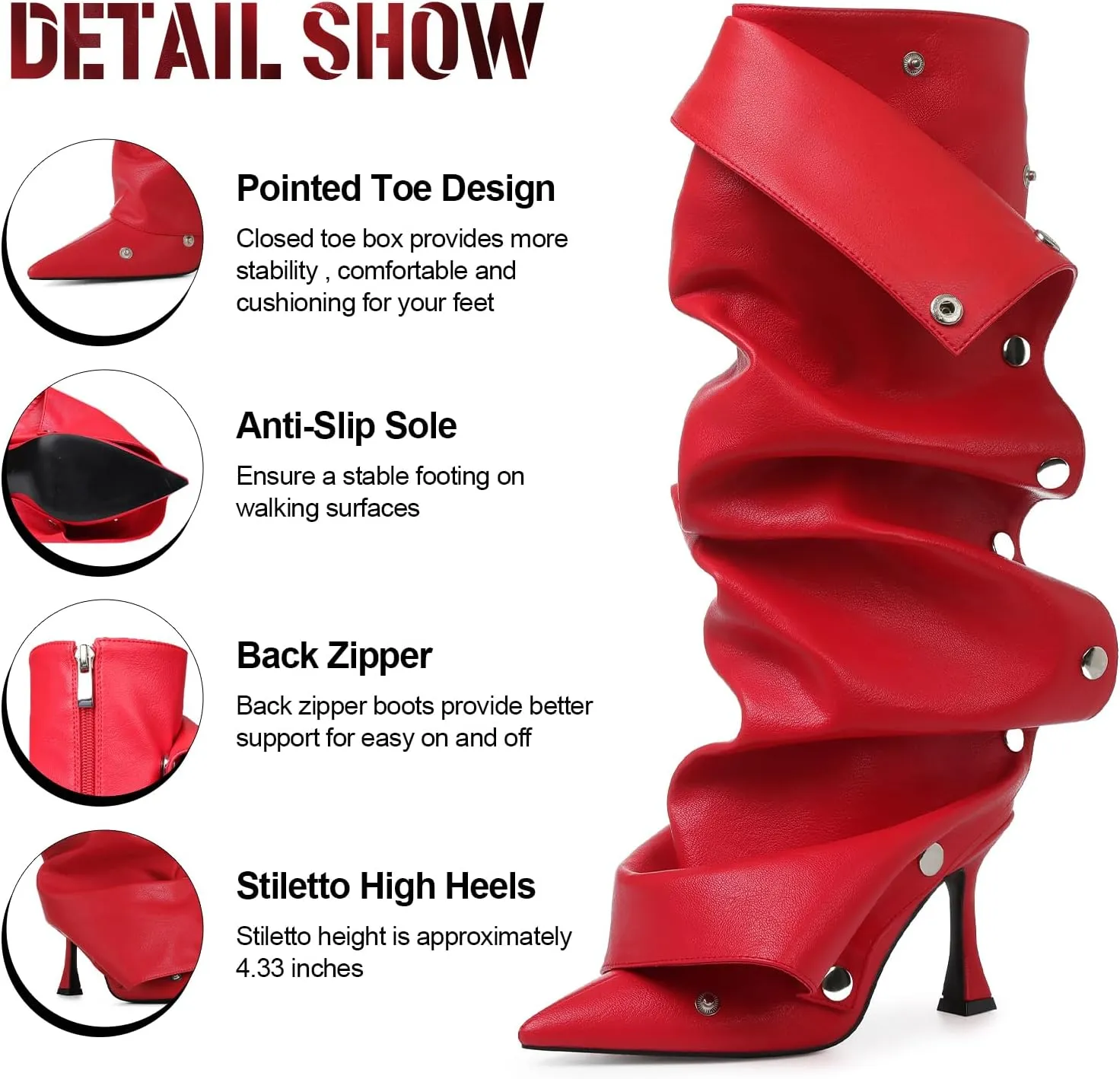 VOMIRA Women's Knee High Boots Stiletto Boots Pointed Toe High Heels Wide Calf Ruched Slouchy Boots Detachable Snap-off Panel Mid Calf Boots Black Boots