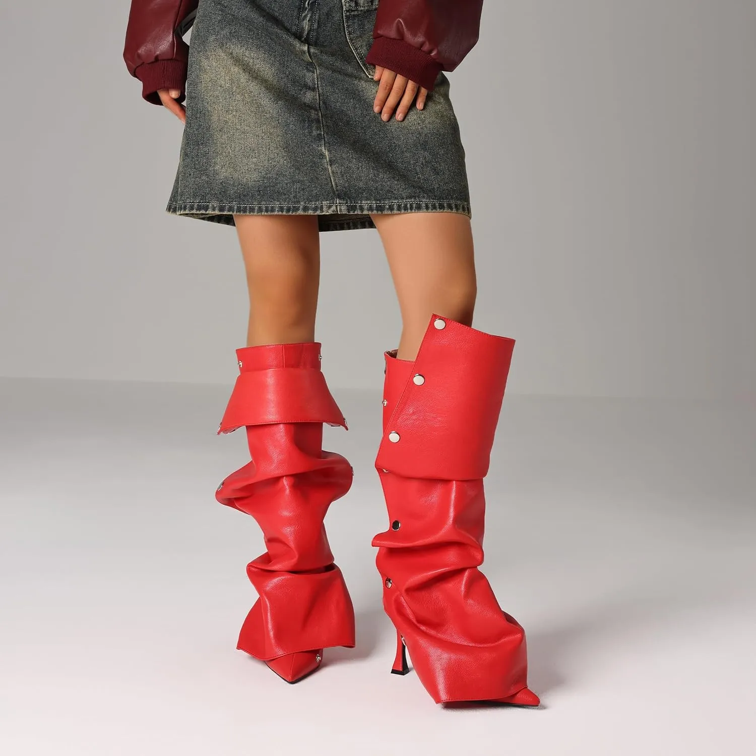 VOMIRA Women's Knee High Boots Stiletto Boots Pointed Toe High Heels Wide Calf Ruched Slouchy Boots Detachable Snap-off Panel Mid Calf Boots Black Boots