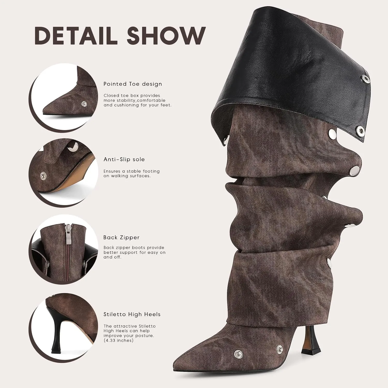 VOMIRA Women's Knee High Boots Stiletto Boots Pointed Toe High Heels Wide Calf Ruched Slouchy Boots Detachable Snap-off Panel Mid Calf Boots Black Boots