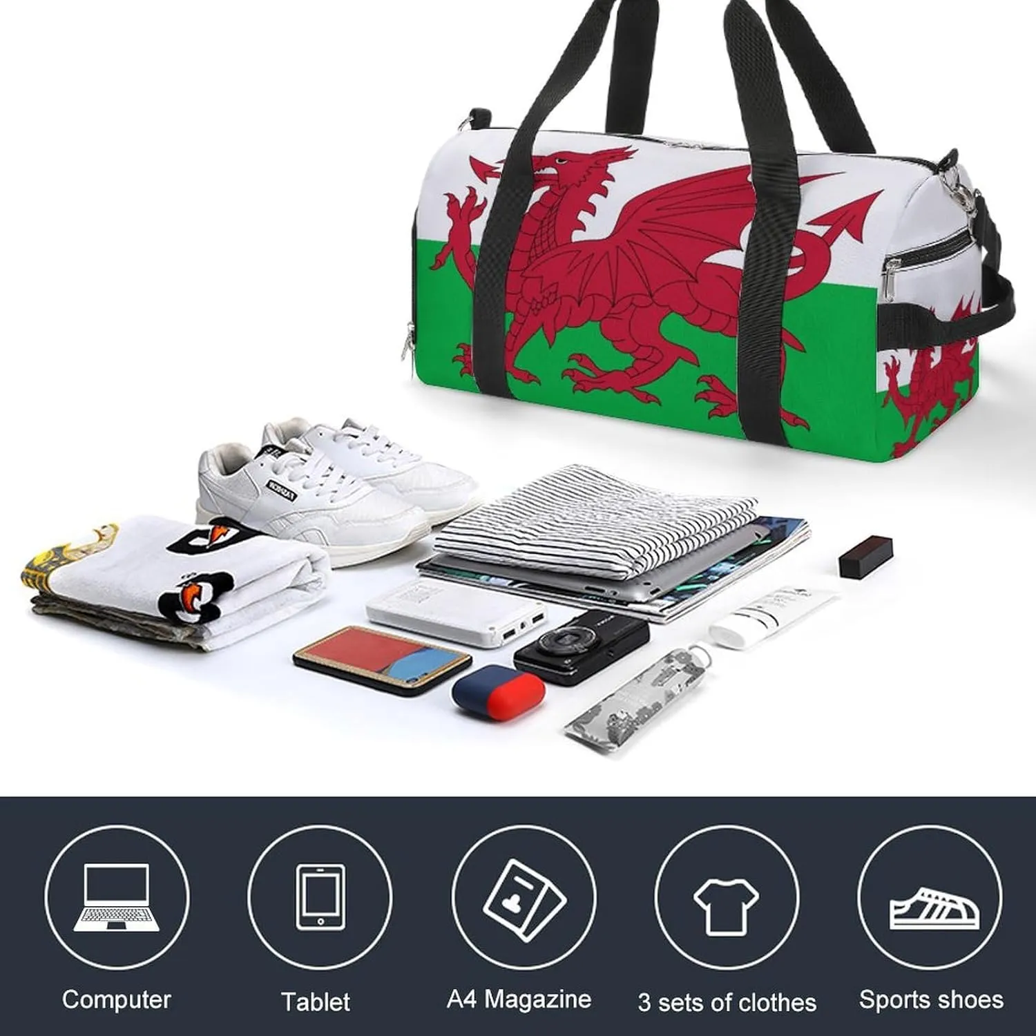 Wales Flag Duffel Bag for Boys Girls with Shoe Compartment for Travel Gym