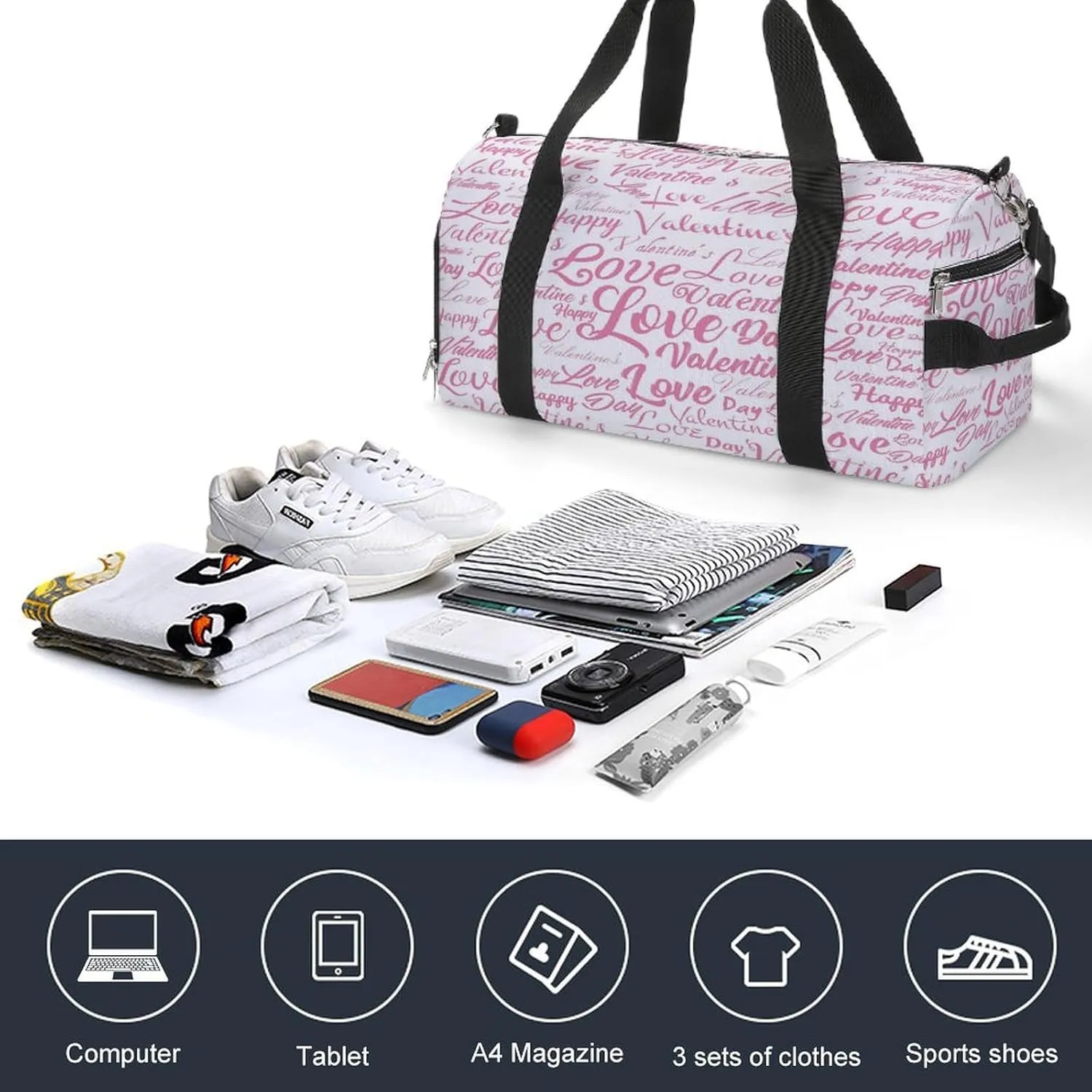 Waterproof Pink Love Valentine's Day Travel Duffel Bag with Shoe Compartment Gym Weekender