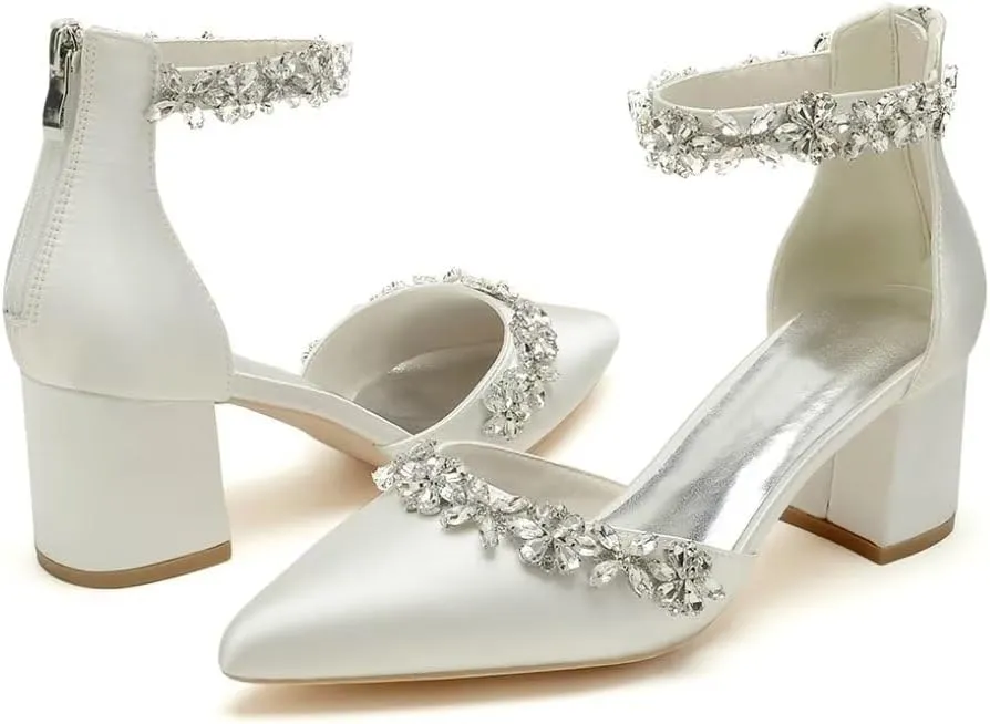 Wedding Shoes for Bride Block Heel Satin Rhinestones Bridal Shoes Prom Party Dress Pumps