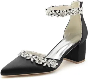 Wedding Shoes for Bride Block Heel Satin Rhinestones Bridal Shoes Prom Party Dress Pumps