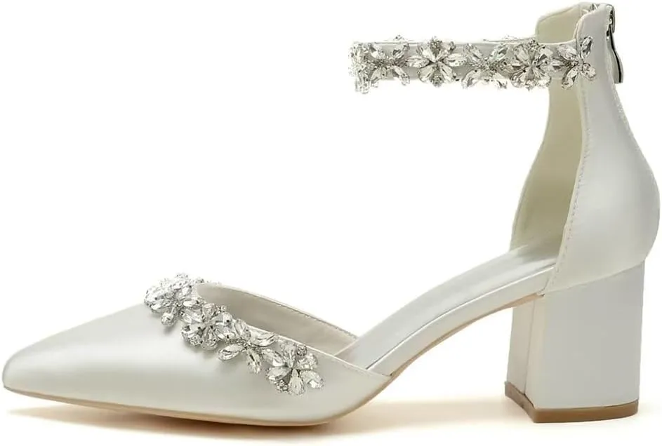 Wedding Shoes for Bride Block Heel Satin Rhinestones Bridal Shoes Prom Party Dress Pumps