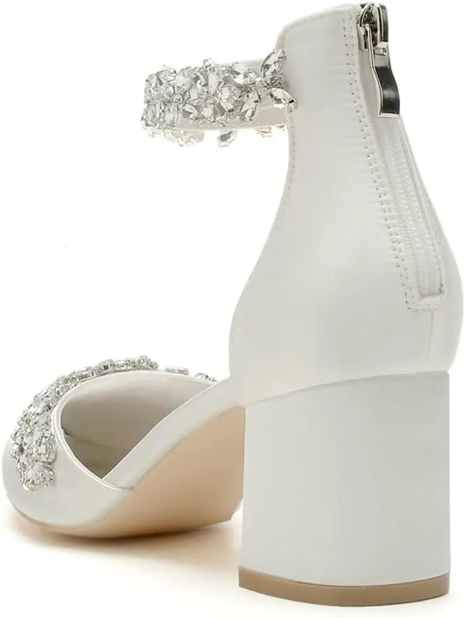 Wedding Shoes for Bride Block Heel Satin Rhinestones Bridal Shoes Prom Party Dress Pumps