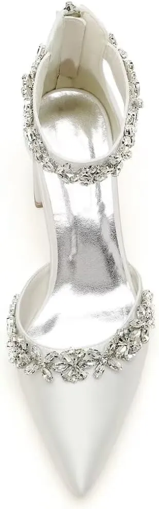 Wedding Shoes for Bride Block Heel Satin Rhinestones Bridal Shoes Prom Party Dress Pumps