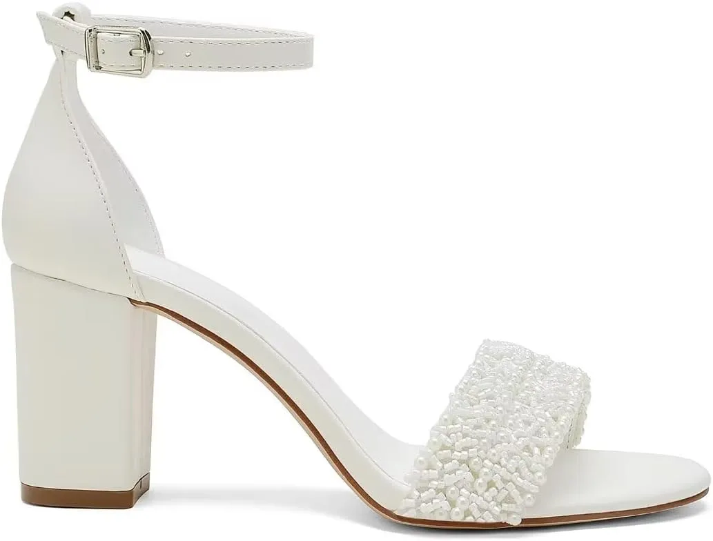 Wedding Shoes for Bride Block Heel Wedding Sandals Open Toe Chunky Heel Bridal Shoes