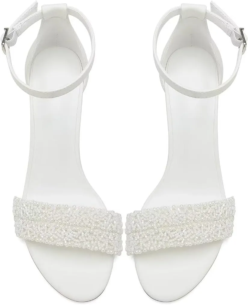 Wedding Shoes for Bride Block Heel Wedding Sandals Open Toe Chunky Heel Bridal Shoes