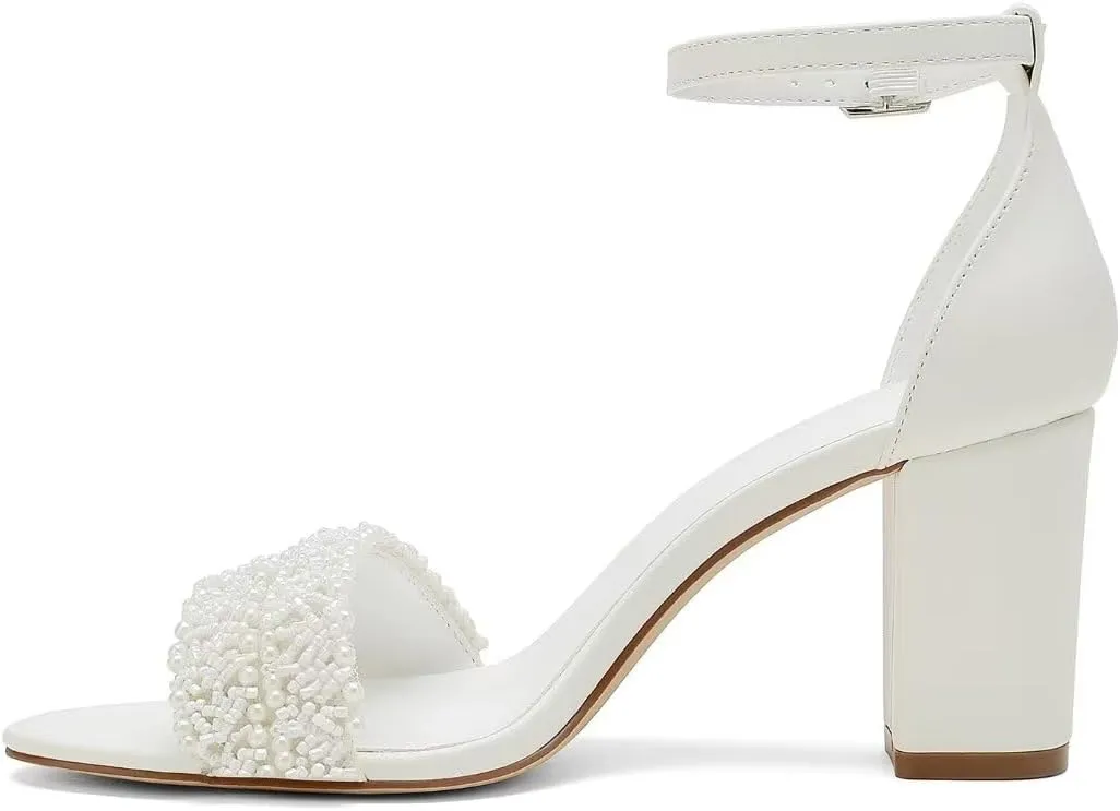 Wedding Shoes for Bride Block Heel Wedding Sandals Open Toe Chunky Heel Bridal Shoes