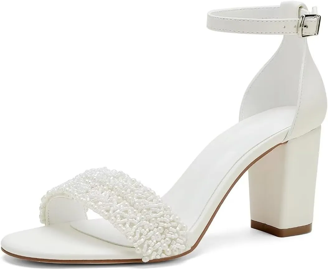 Wedding Shoes for Bride Block Heel Wedding Sandals Open Toe Chunky Heel Bridal Shoes