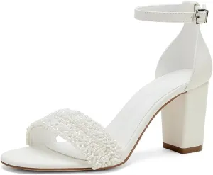 Wedding Shoes for Bride Block Heel Wedding Sandals Open Toe Chunky Heel Bridal Shoes
