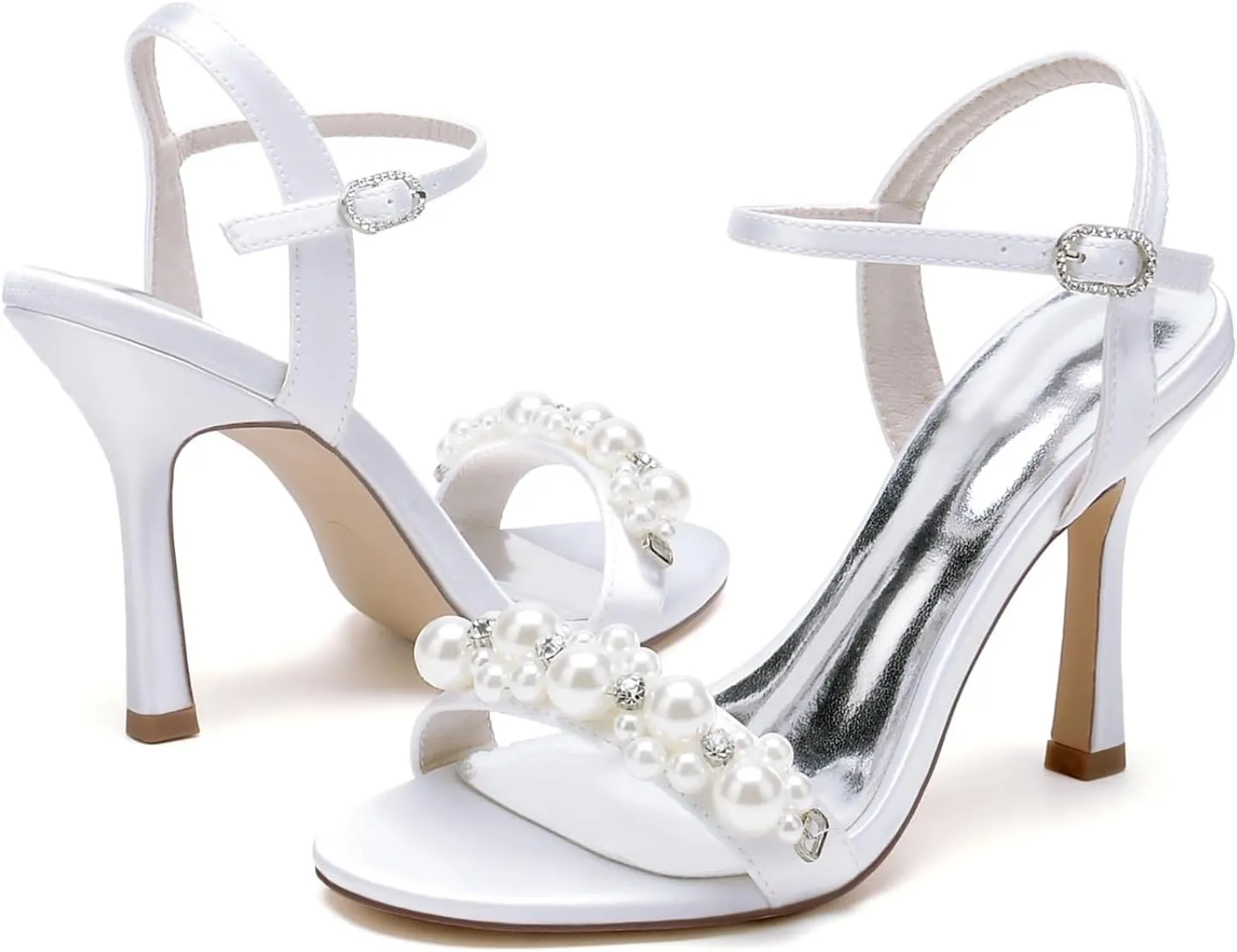 Wedding Shoes Pearls Bridal Stiletto Heels Sandals Women's Heeled Sandal Peep Toe Women's Satin Sandals Party Evening Stiletto 9.5Cm