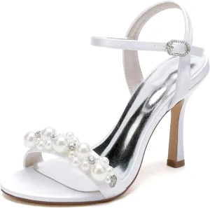 Wedding Shoes Pearls Bridal Stiletto Heels Sandals Women's Heeled Sandal Peep Toe Women's Satin Sandals Party Evening Stiletto 9.5Cm