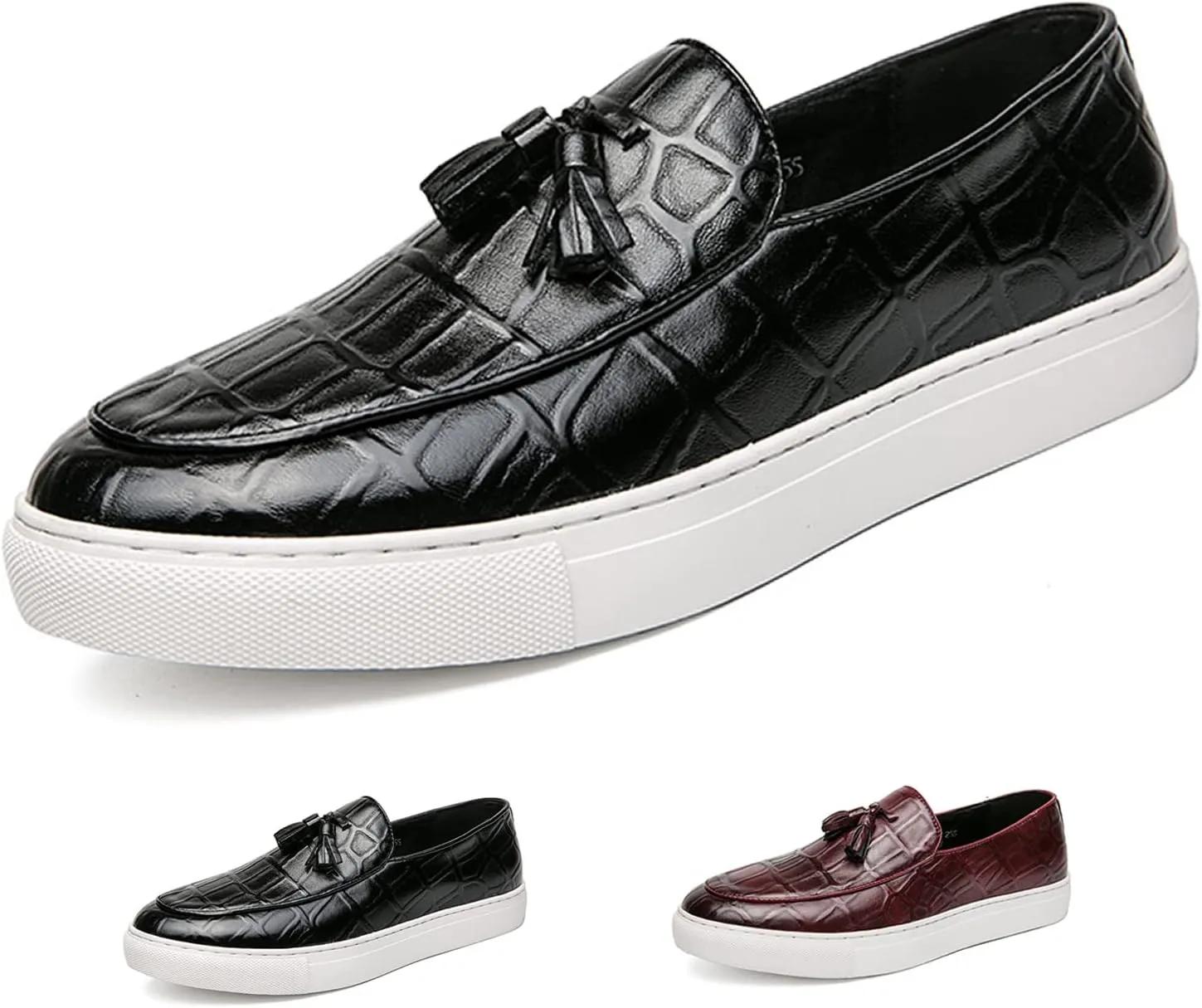 WENOREG Men's Leather Tassel Flat Slip-On Comfort Loafers,Fashion Round Toe Faux Crocodile Grain Flat Heel Anti-Slip Resistant Walking Causal Work Driving Party Shoes