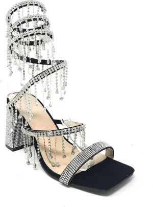 Wild Diva Women's Molla-01 Chandelier Embellished Rhinestone Spiral Coil Wrap Around Chunky Block Heels