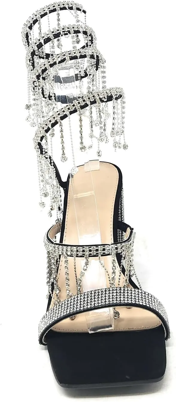 Wild Diva Women's Molla-01 Chandelier Embellished Rhinestone Spiral Coil Wrap Around Chunky Block Heels
