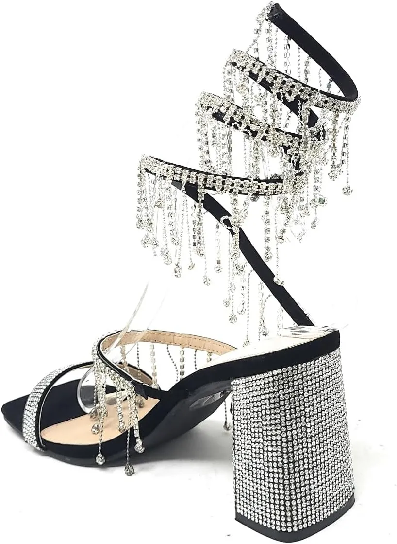 Wild Diva Women's Molla-01 Chandelier Embellished Rhinestone Spiral Coil Wrap Around Chunky Block Heels