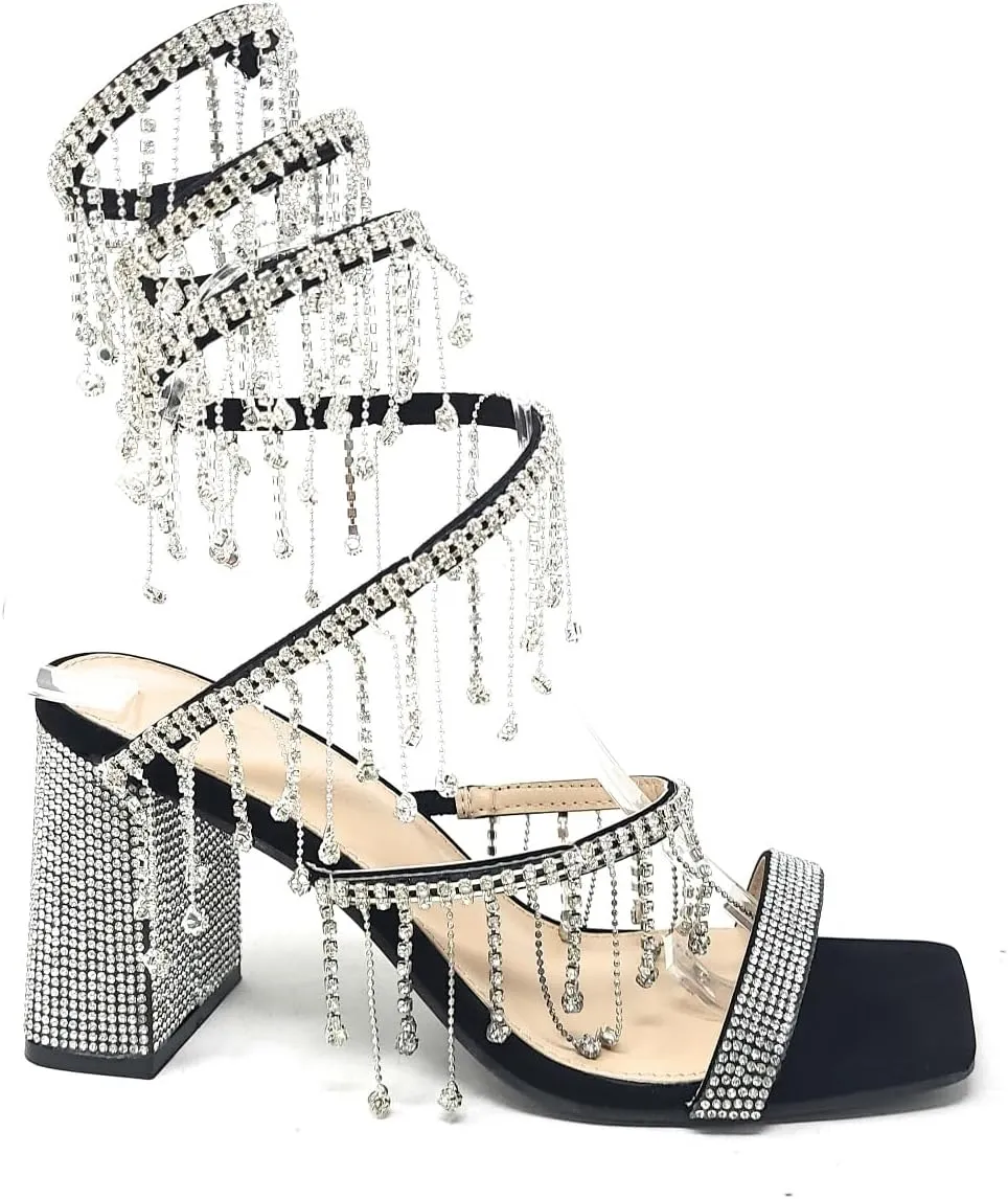 Wild Diva Women's Molla-01 Chandelier Embellished Rhinestone Spiral Coil Wrap Around Chunky Block Heels