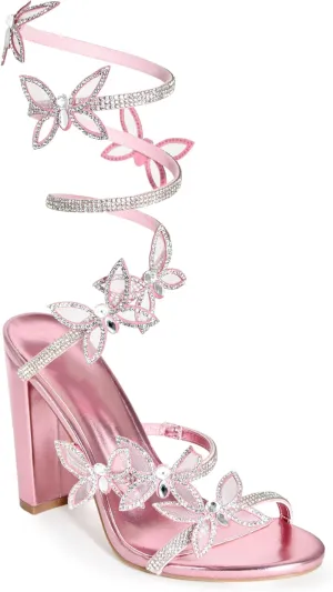 Wild Diva Women's Morris-581 Rhinestone Butterfly Detail Spiral Coil Wrap Around Chunk Heel