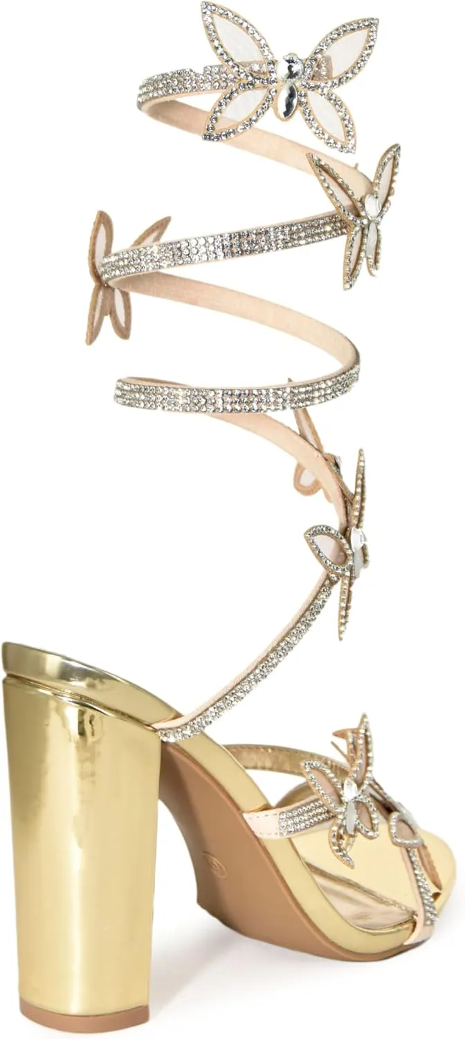 Wild Diva Women's Morris-581 Rhinestone Butterfly Detail Spiral Coil Wrap Around Chunk Heel