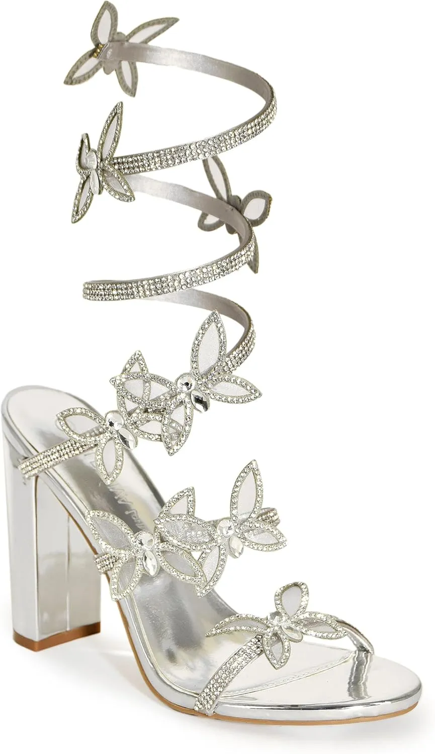 Wild Diva Women's Morris-581 Rhinestone Butterfly Detail Spiral Coil Wrap Around Chunk Heel