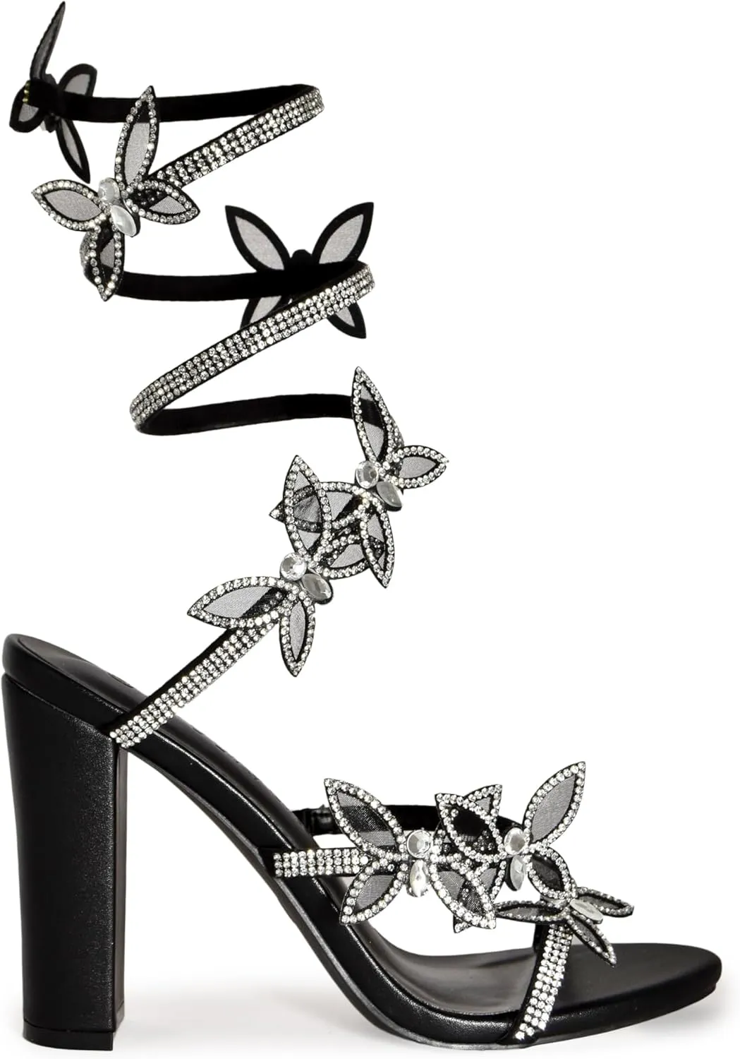 Wild Diva Women's Morris-581 Rhinestone Butterfly Detail Spiral Coil Wrap Around Chunk Heel