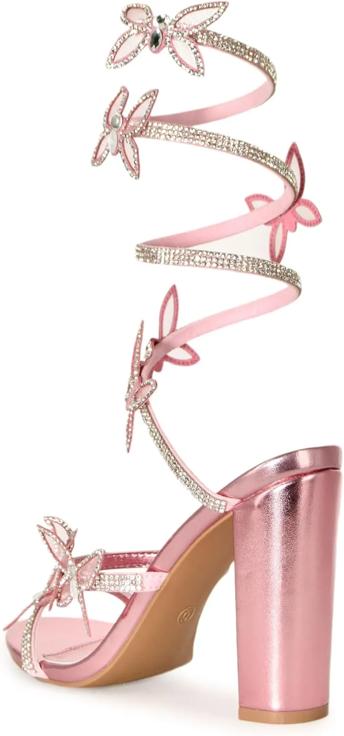 Wild Diva Women's Morris-581 Rhinestone Butterfly Detail Spiral Coil Wrap Around Chunk Heel