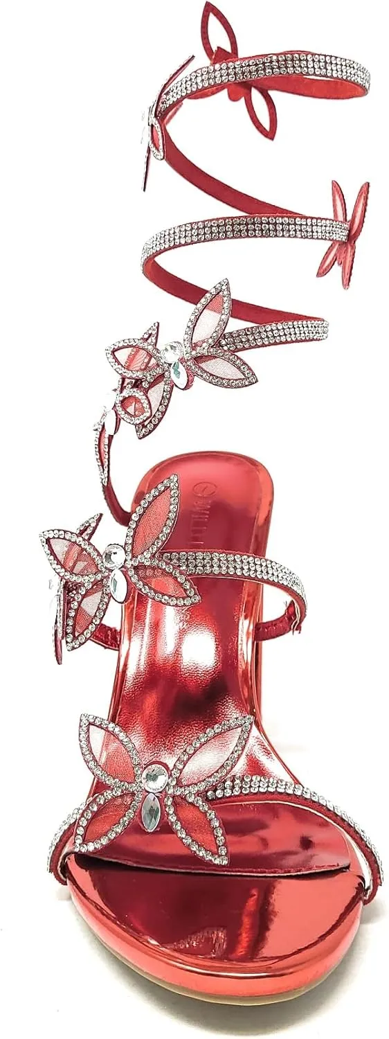 Wild Diva Women's Morris-581 Rhinestone Butterfly Detail Spiral Coil Wrap Around Chunk Heel