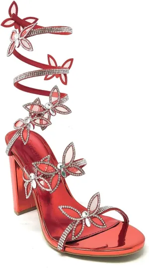 Wild Diva Women's Morris-581 Rhinestone Butterfly Detail Spiral Coil Wrap Around Chunk Heel