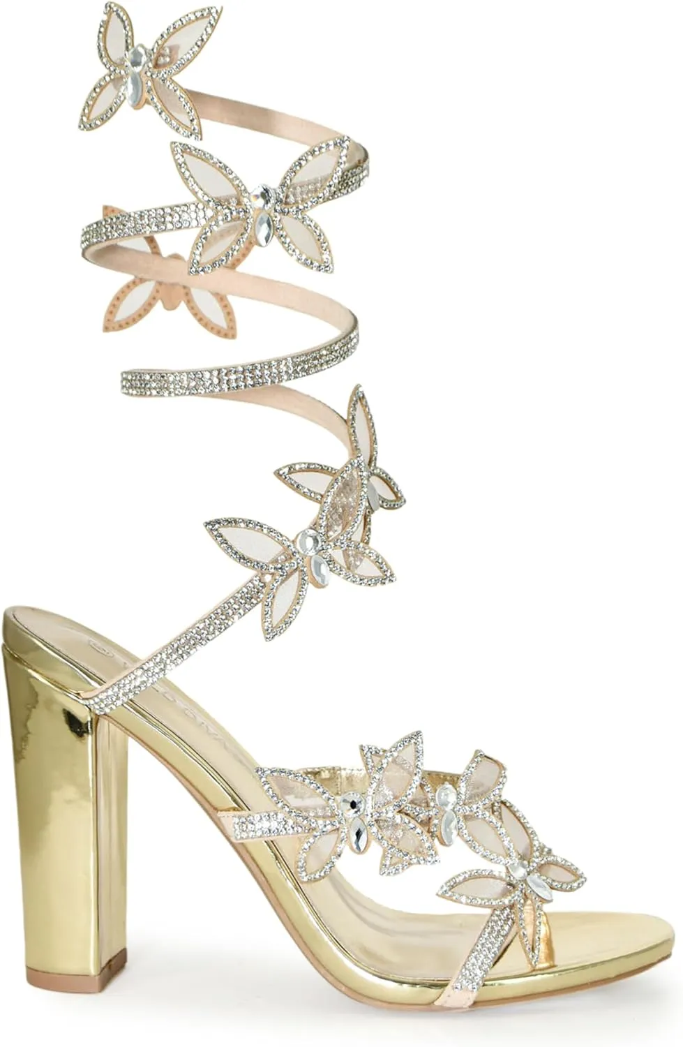 Wild Diva Women's Morris-581 Rhinestone Butterfly Detail Spiral Coil Wrap Around Chunk Heel