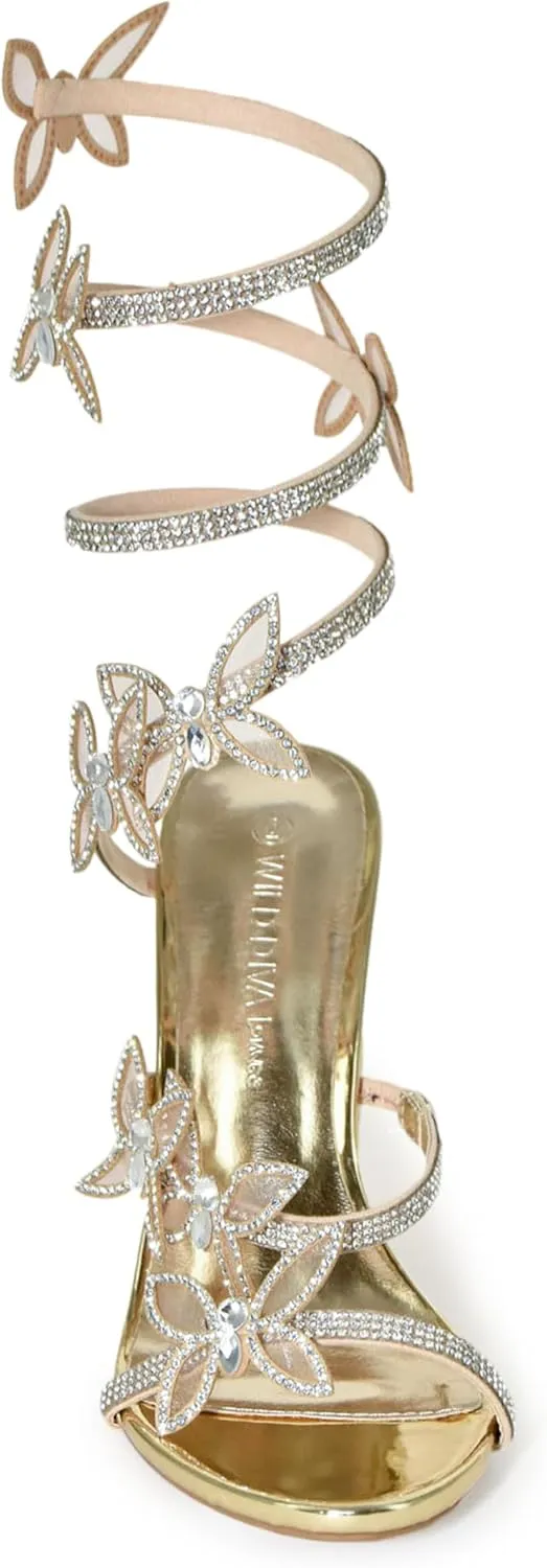 Wild Diva Women's Morris-581 Rhinestone Butterfly Detail Spiral Coil Wrap Around Chunk Heel