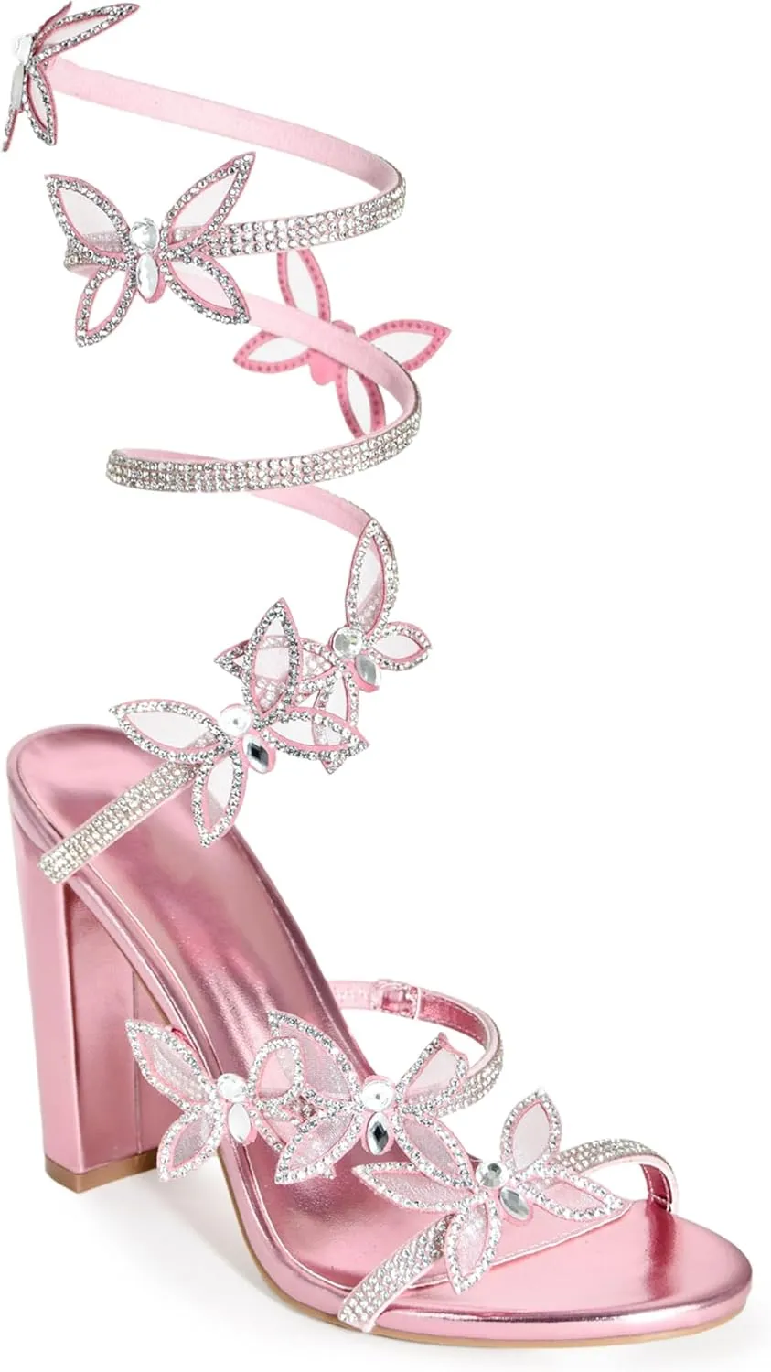 Wild Diva Women's Morris-581 Rhinestone Butterfly Detail Spiral Coil Wrap Around Chunk Heel