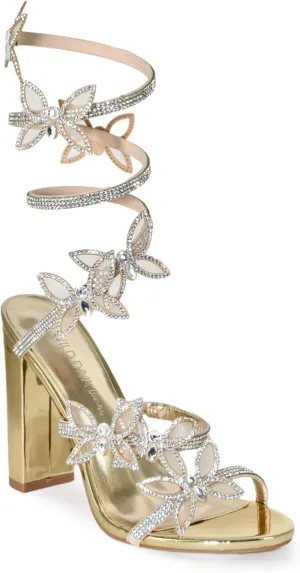 Wild Diva Women's Morris-581 Rhinestone Butterfly Detail Spiral Coil Wrap Around Chunk Heel