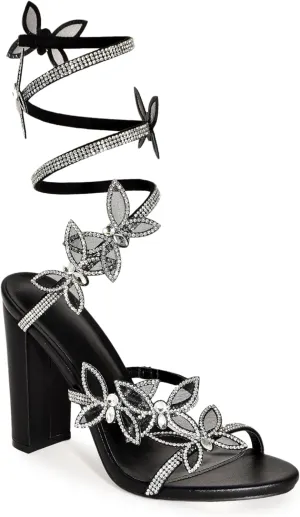 Wild Diva Women's Morris-581 Rhinestone Butterfly Detail Spiral Coil Wrap Around Chunk Heel
