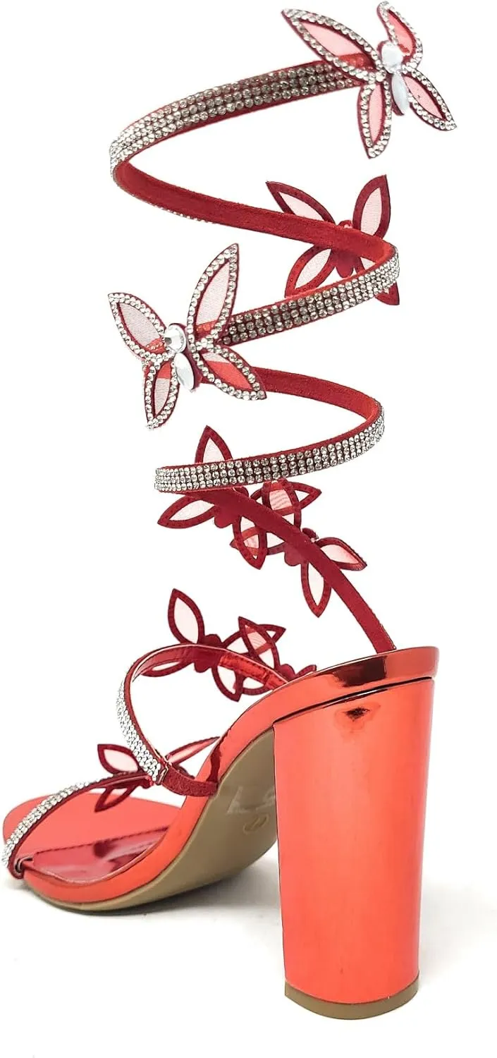 Wild Diva Women's Morris-581 Rhinestone Butterfly Detail Spiral Coil Wrap Around Chunk Heel