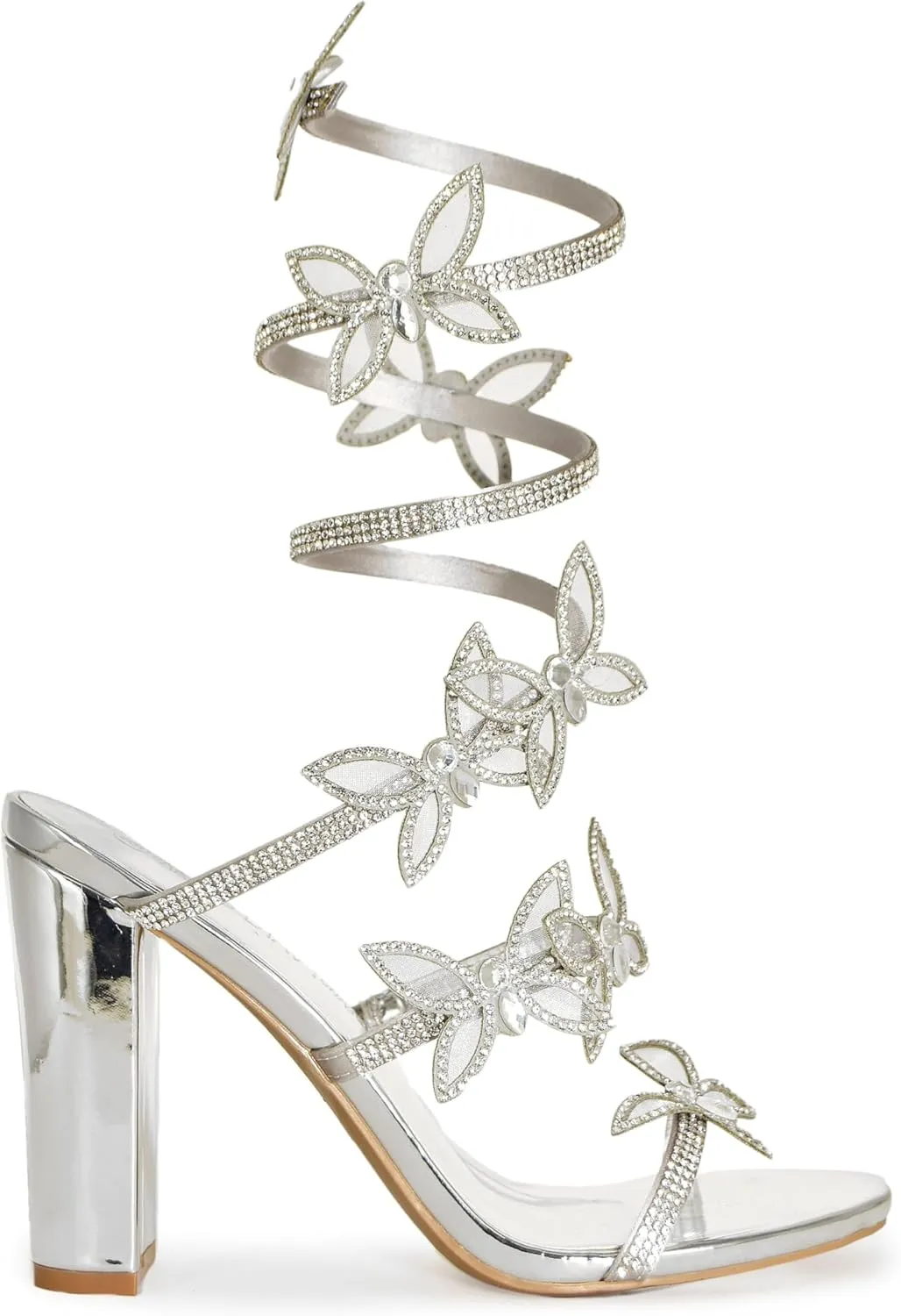 Wild Diva Women's Morris-581 Rhinestone Butterfly Detail Spiral Coil Wrap Around Chunk Heel