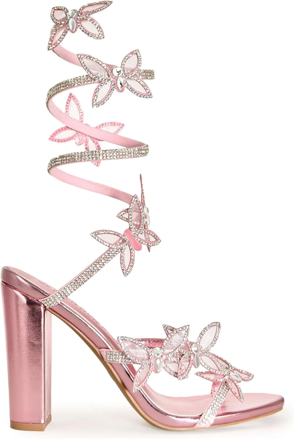 Wild Diva Women's Morris-581 Rhinestone Butterfly Detail Spiral Coil Wrap Around Chunk Heel