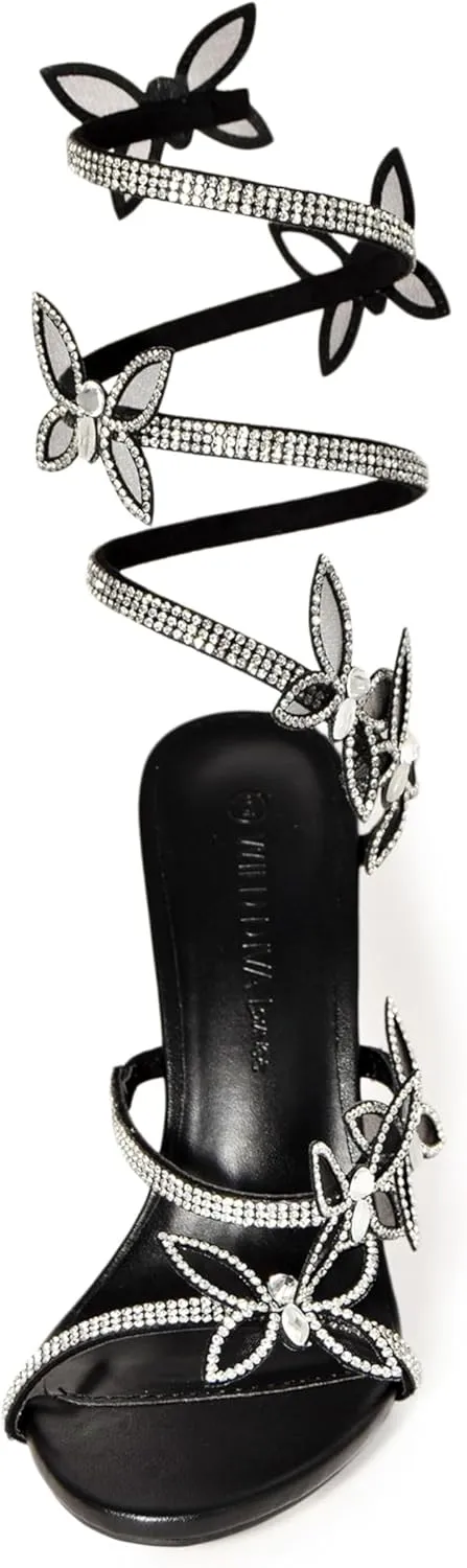 Wild Diva Women's Morris-581 Rhinestone Butterfly Detail Spiral Coil Wrap Around Chunk Heel