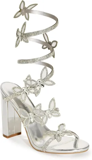 Wild Diva Women's Morris-581 Rhinestone Butterfly Detail Spiral Coil Wrap Around Chunk Heel