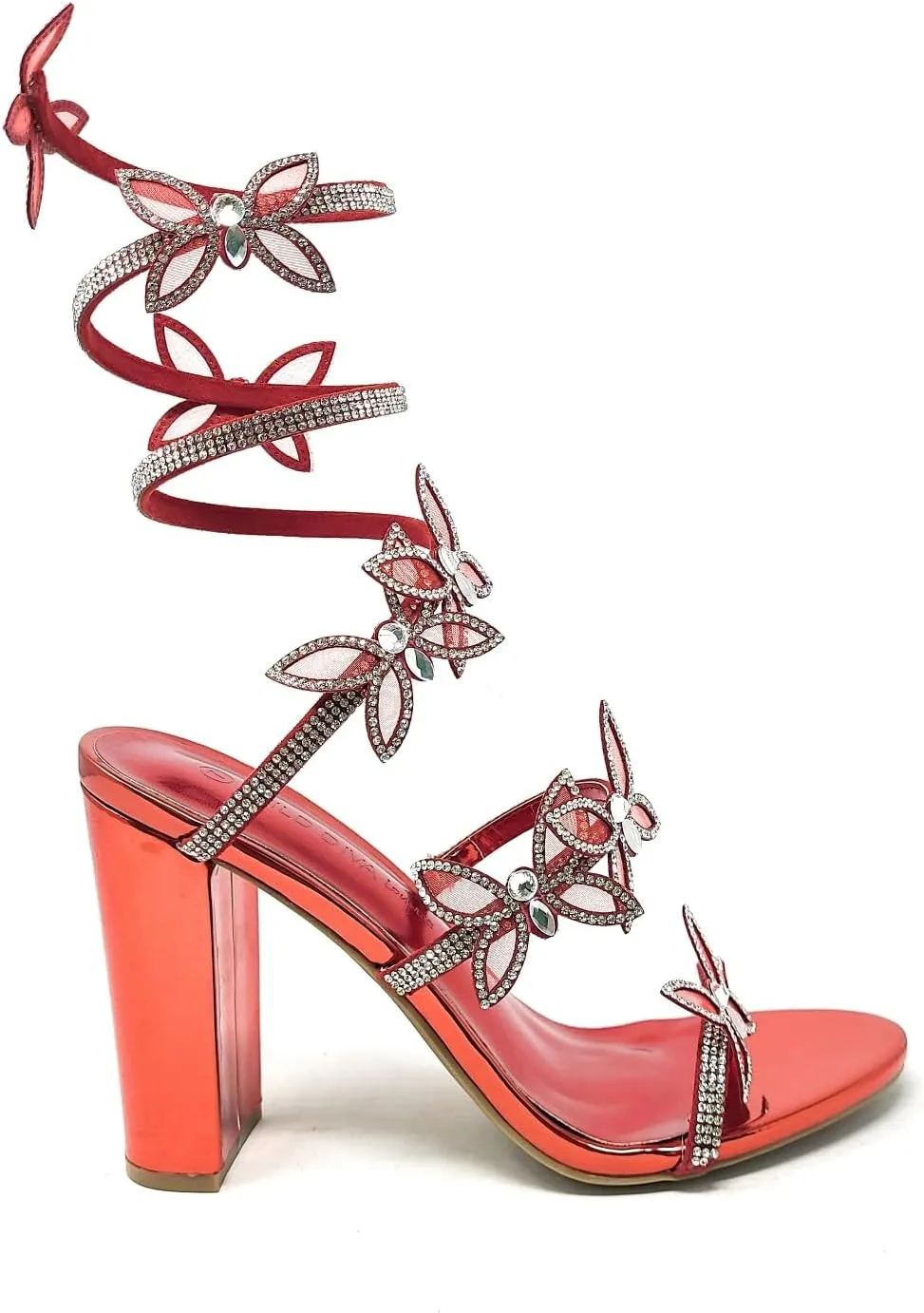 Wild Diva Women's Morris-581 Rhinestone Butterfly Detail Spiral Coil Wrap Around Chunk Heel