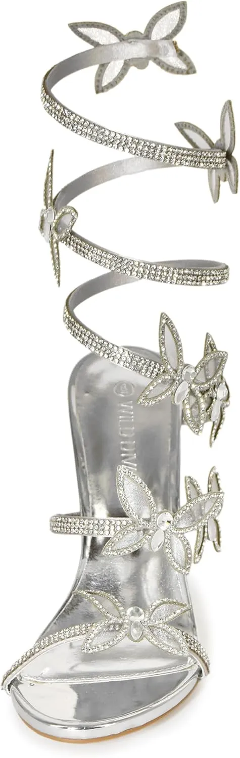 Wild Diva Women's Morris-581 Rhinestone Butterfly Detail Spiral Coil Wrap Around Chunk Heel