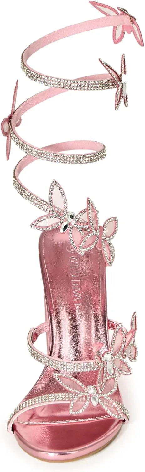 Wild Diva Women's Morris-581 Rhinestone Butterfly Detail Spiral Coil Wrap Around Chunk Heel